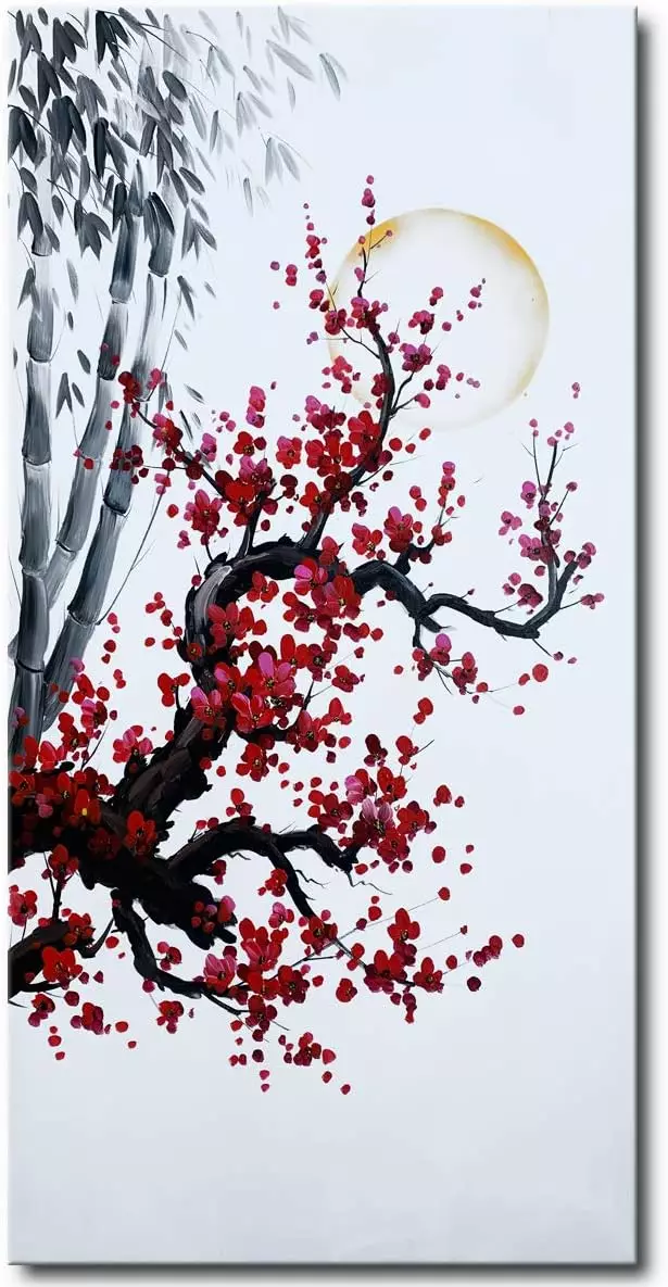 Hand Painted Chinese Oil Painting Plum Blossom with Bamboo Wall Art Red Flower Canvas Artwork — Wall Art