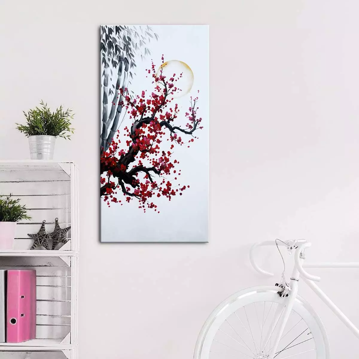 Hand Painted Chinese Oil Painting Plum Blossom with Bamboo Wall Art Red Flower Canvas Artwork — Wall Art