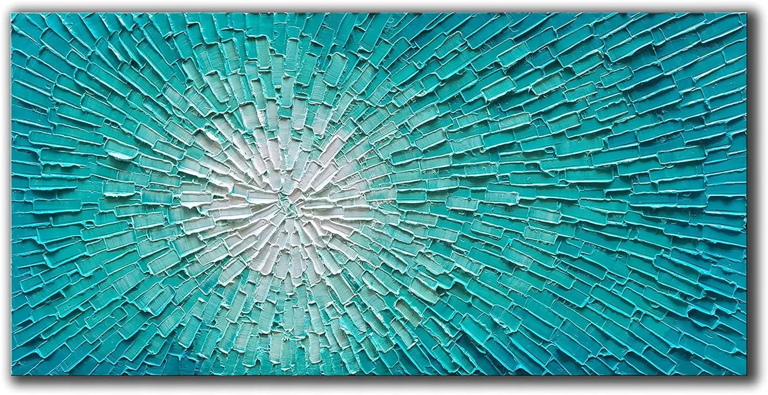 JELRINR Contemporary Abstract Art Painting Oil Painting On Canvas 3D Texture Hand Painted Texture blue-green Abstract Canvas Wall Art Decoration Modern Artwork Framed Ready to Hang 24x48inch — Wall Art