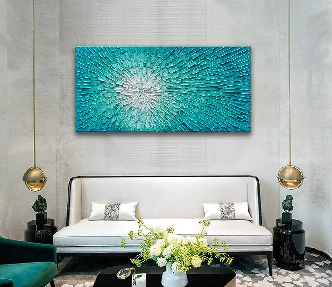 JELRINR Contemporary Abstract Art Painting Oil Painting On Canvas 3D Texture Hand Painted Texture blue-green Abstract Canvas Wall Art Decoration Modern Artwork Framed Ready to Hang 24x48inch — Wall Art