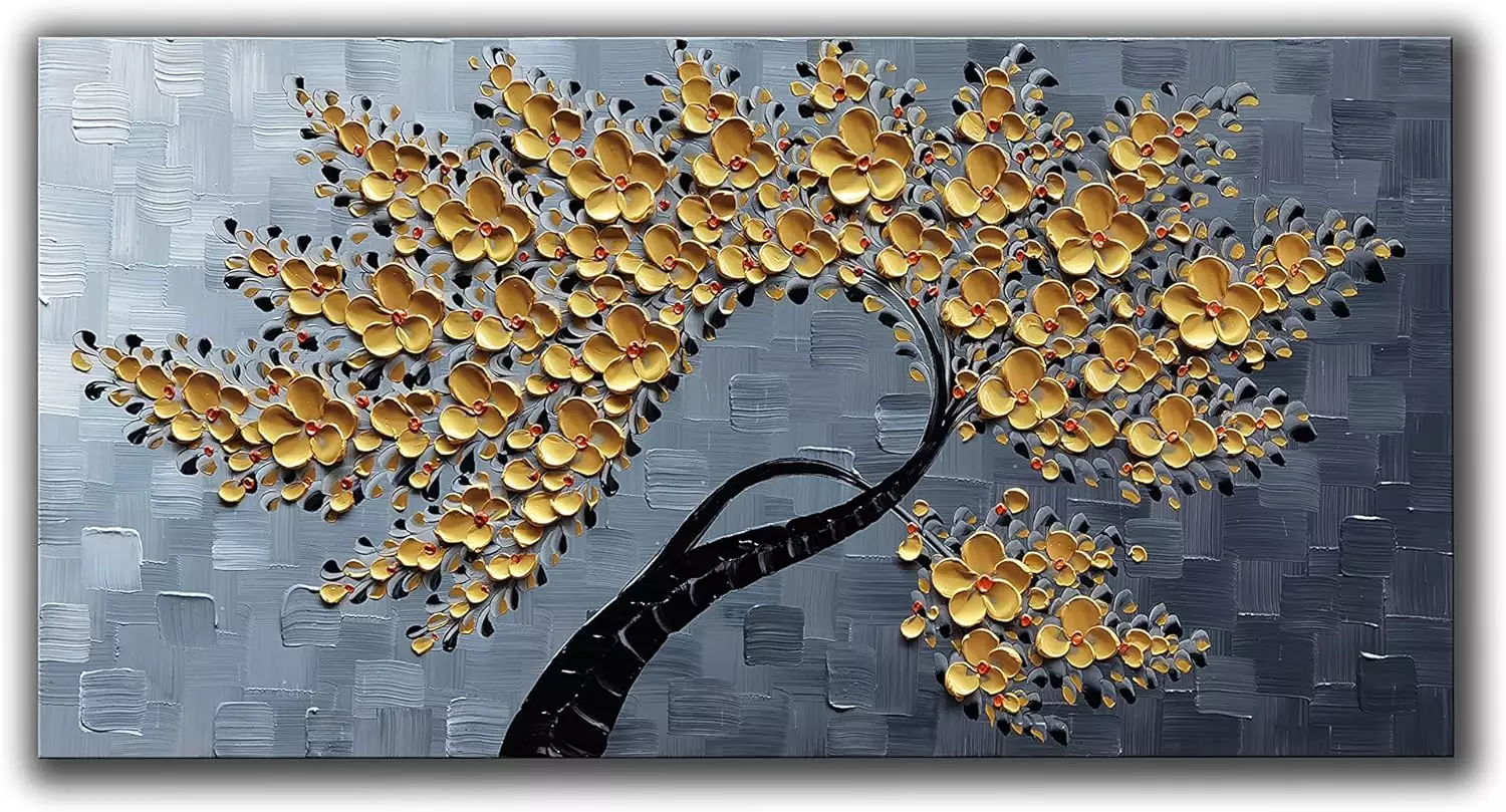 JELRINR 3D Contemporary Art Oil Painting On Canvas Texture Golden Flower Tree paintings Canvas Wall Abstract Artwork Modern Home Decor painting Framed Ready to Hang 24x48inch — Wall Art