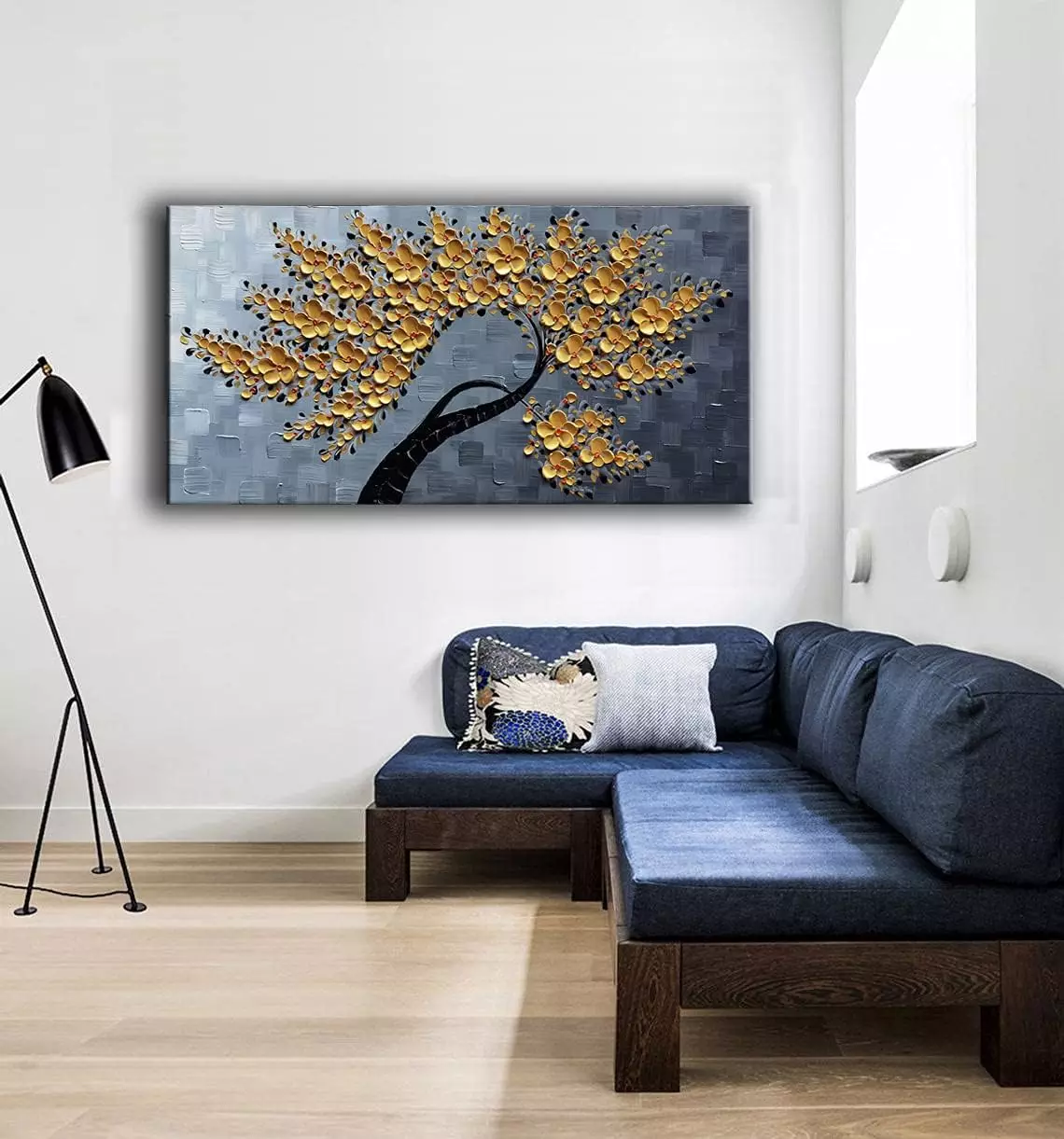 JELRINR 3D Contemporary Art Oil Painting On Canvas Texture Golden Flower Tree paintings Canvas Wall Abstract Artwork Modern Home Decor painting Framed Ready to Hang 24x48inch — Wall Art