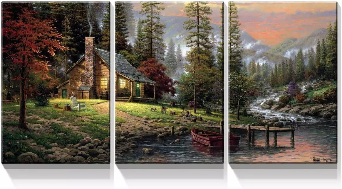 Denozer - 3 Panels Canvas Wall Art Thomas Kinkade Garden Landscape Oil Painting for Home Decor Stretched and Framed Ready to Hang - 24 x36 x3 Panels Wall Decor — Wall Art