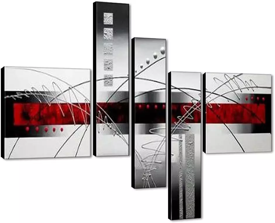 Wieco Art Extra Large Size 5 Piece Perfect White Lines Modern Stretched and Framed Artwork 100% Hand-Painted Abstract Oil Paintings on Canvas Wall Art 5pcs/set — Wall Art