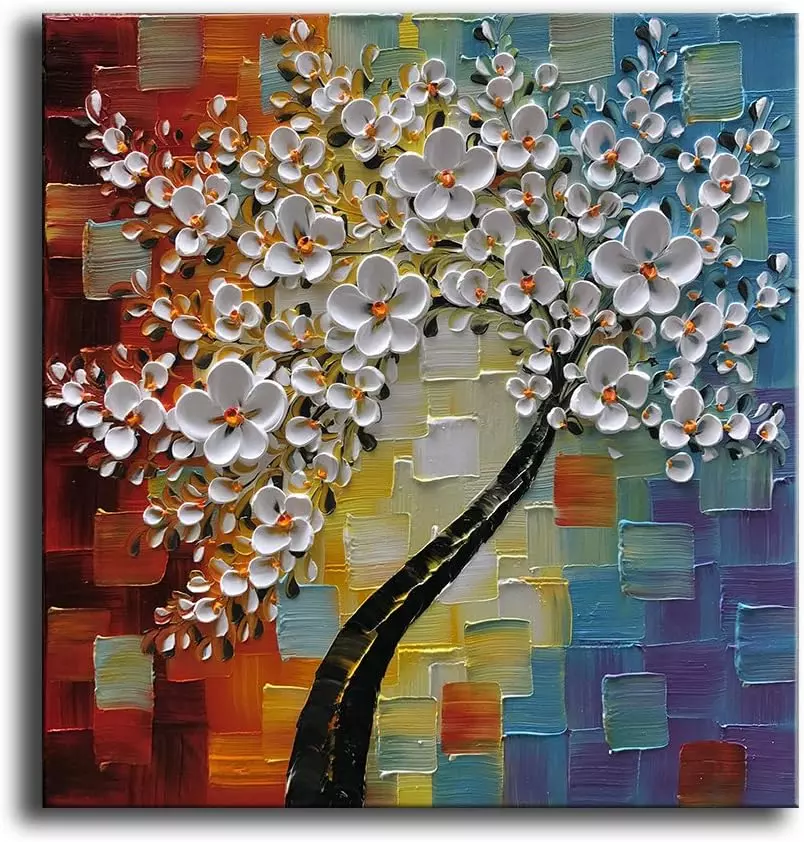 YaSheng Art -3D handmade paintings textured wall art Oil Painting On Canvas white Flowers Paintings Modern Home living room Wall Art Abstract canvas art picture Ready to hang 30x30inch — Wall Art