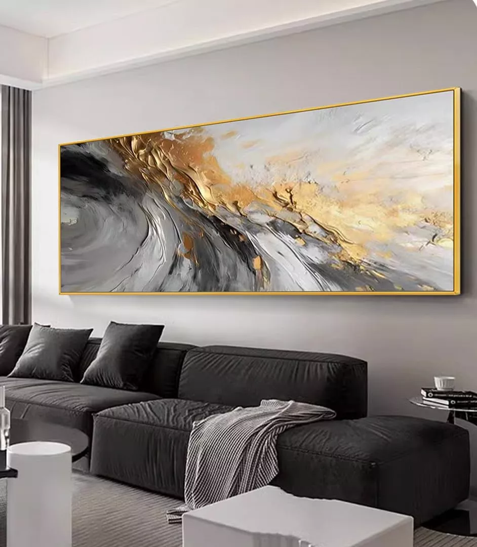 Black and White Abstract Canavas Wall Art Large for Living Room-Gold Framed 3D Textured Artwork for Office-Hand Painted Oil Painting on Canvas for Bedroom Home Decoration 24x56 inches — Wall Art