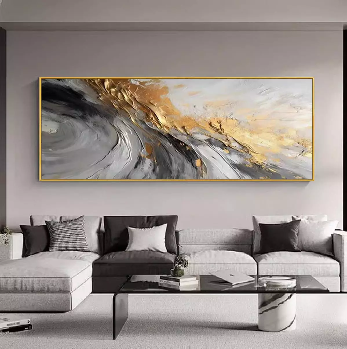 Black and White Abstract Canavas Wall Art Large for Living Room-Gold Framed 3D Textured Artwork for Office-Hand Painted Oil Painting on Canvas for Bedroom Home Decoration 24x56 inches — Wall Art