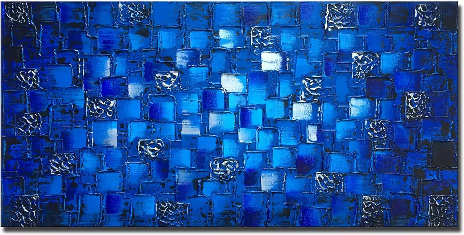 MyArton Large Thick Abstract Dark Blue add Silver Square Wall Art Hand Painted Artwork Textured Oil Painting on Canvas Framed Ready to Hang 60x30inch — Wall Art