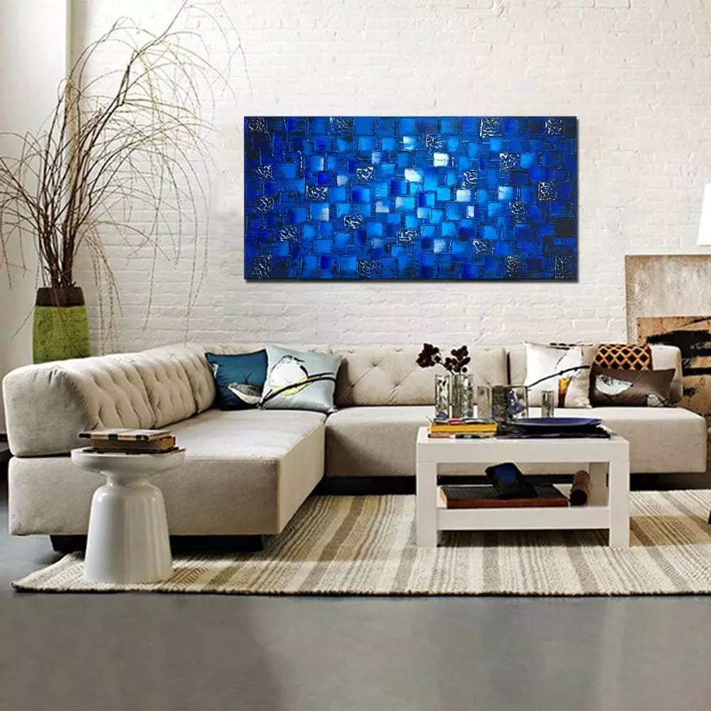 MyArton Large Thick Abstract Dark Blue add Silver Square Wall Art Hand Painted Artwork Textured Oil Painting on Canvas Framed Ready to Hang 60x30inch — Wall Art