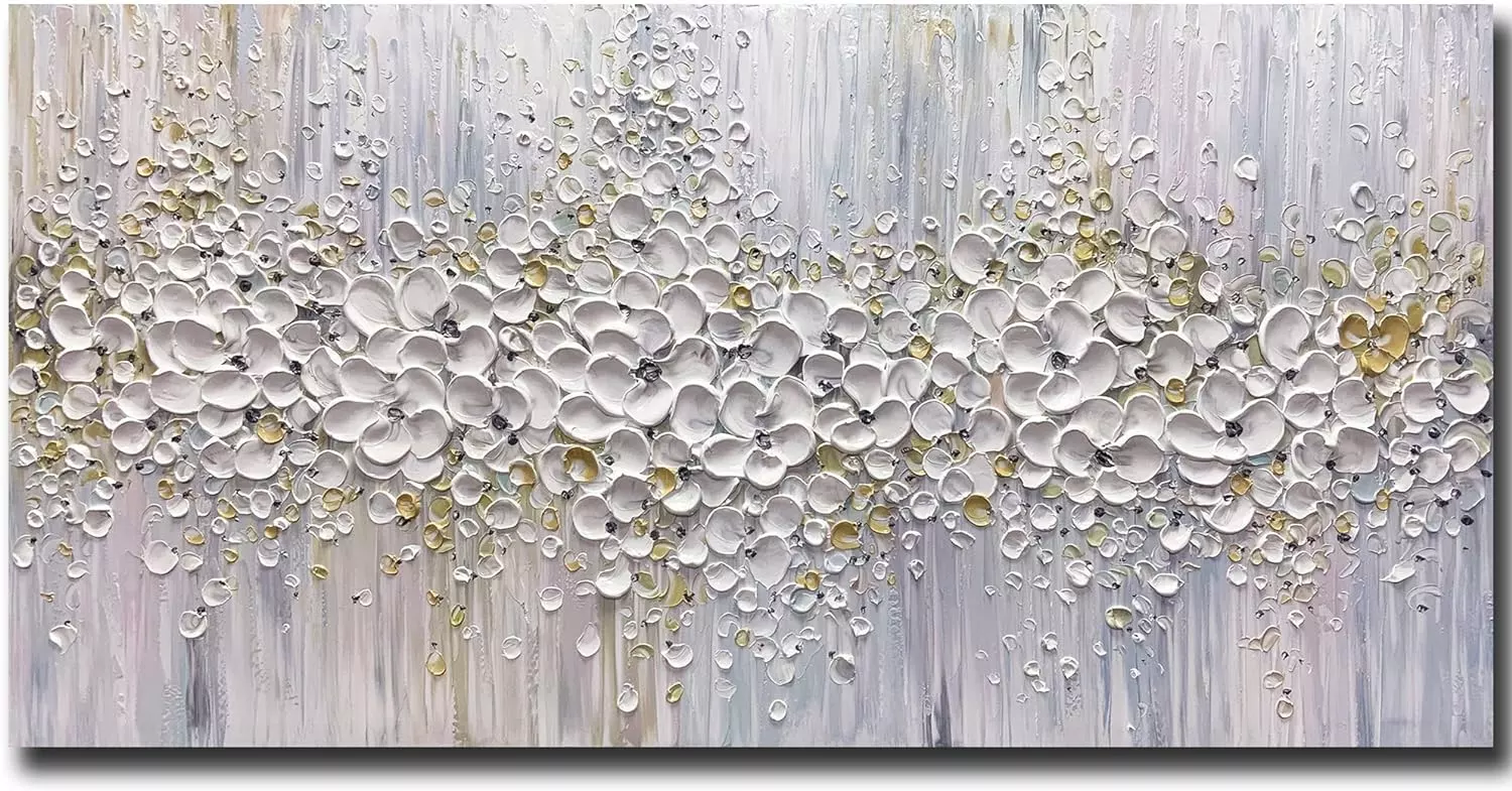 ART8YUQI Paintings - Contemporary Abstract Art Oil Painting On Canvas Texture 3D White Flower painting Handmade Artwork Picture Canvas Wall Art Modern Home Decor living room Ready to Hang 24x48inch — Wall Art