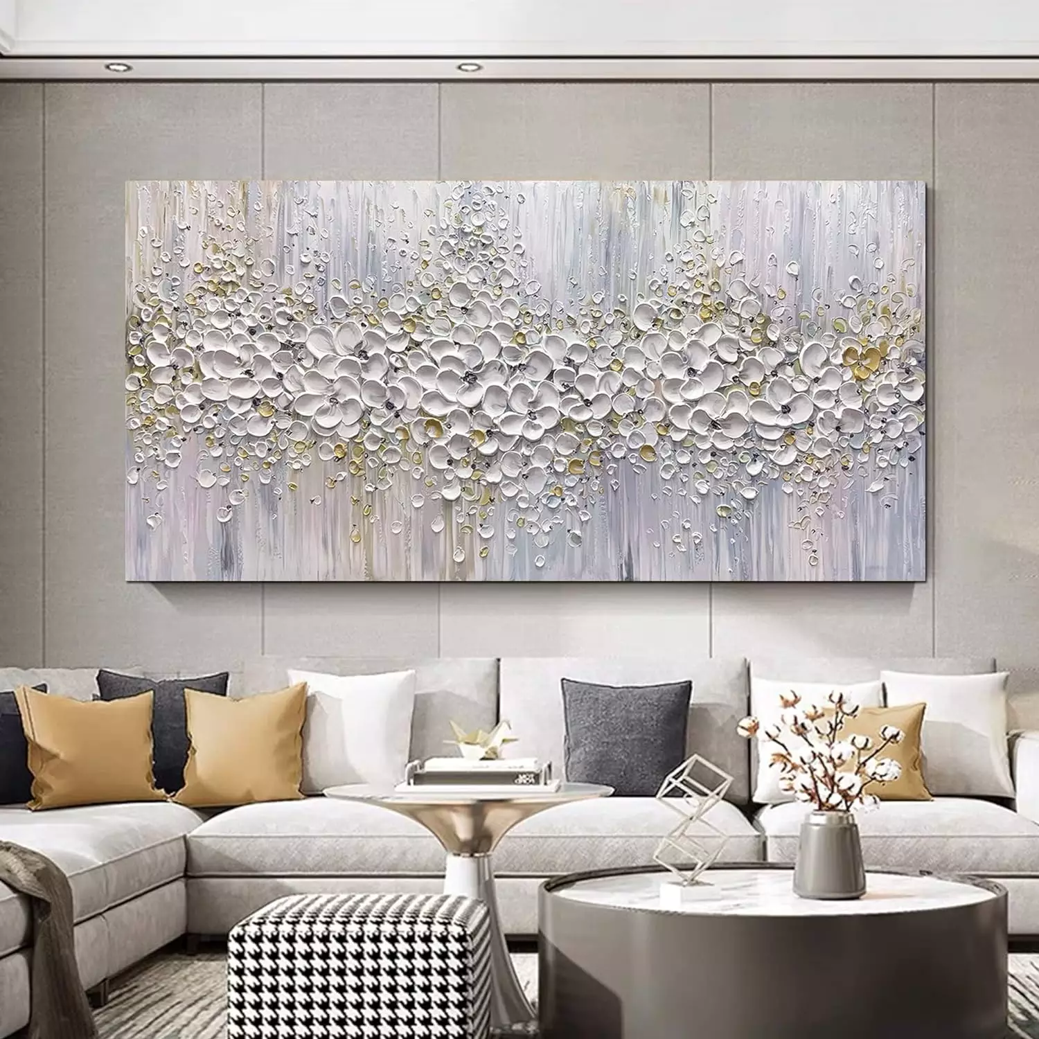 ART8YUQI Paintings - Contemporary Abstract Art Oil Painting On Canvas Texture 3D White Flower painting Handmade Artwork Picture Canvas Wall Art Modern Home Decor living room Ready to Hang 24x48inch — Wall Art