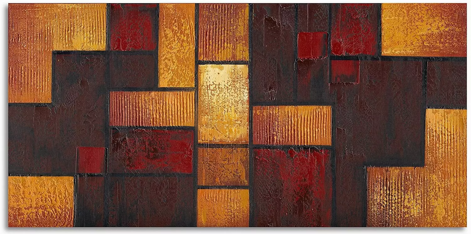 Square Wall Art Abstract Coffee Brown Yellow Brownish Red Canvas Wall Decoration Hand Painted Heavy Textured Painting Pictures For Living Room Bedroom Framed Ready to Hang — Wall Art