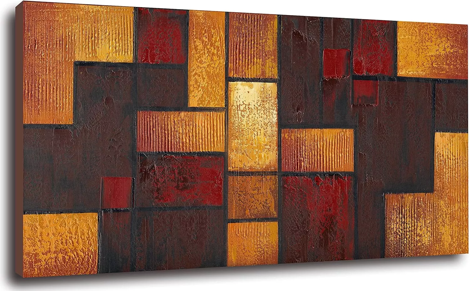 Square Wall Art Abstract Coffee Brown Yellow Brownish Red Canvas Wall Decoration Hand Painted Heavy Textured Painting Pictures For Living Room Bedroom Framed Ready to Hang — Wall Art