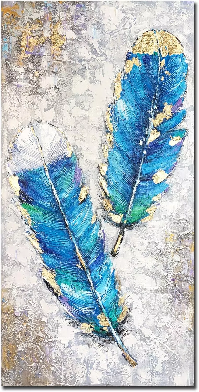 Yotree Paintings,24x48 Inch Blue Feather Oil Hand Painting 3D Hand-Painted On Canvas Abstract Artwork Art Wall Decoration Abstract Painting for livingroom — Wall Art