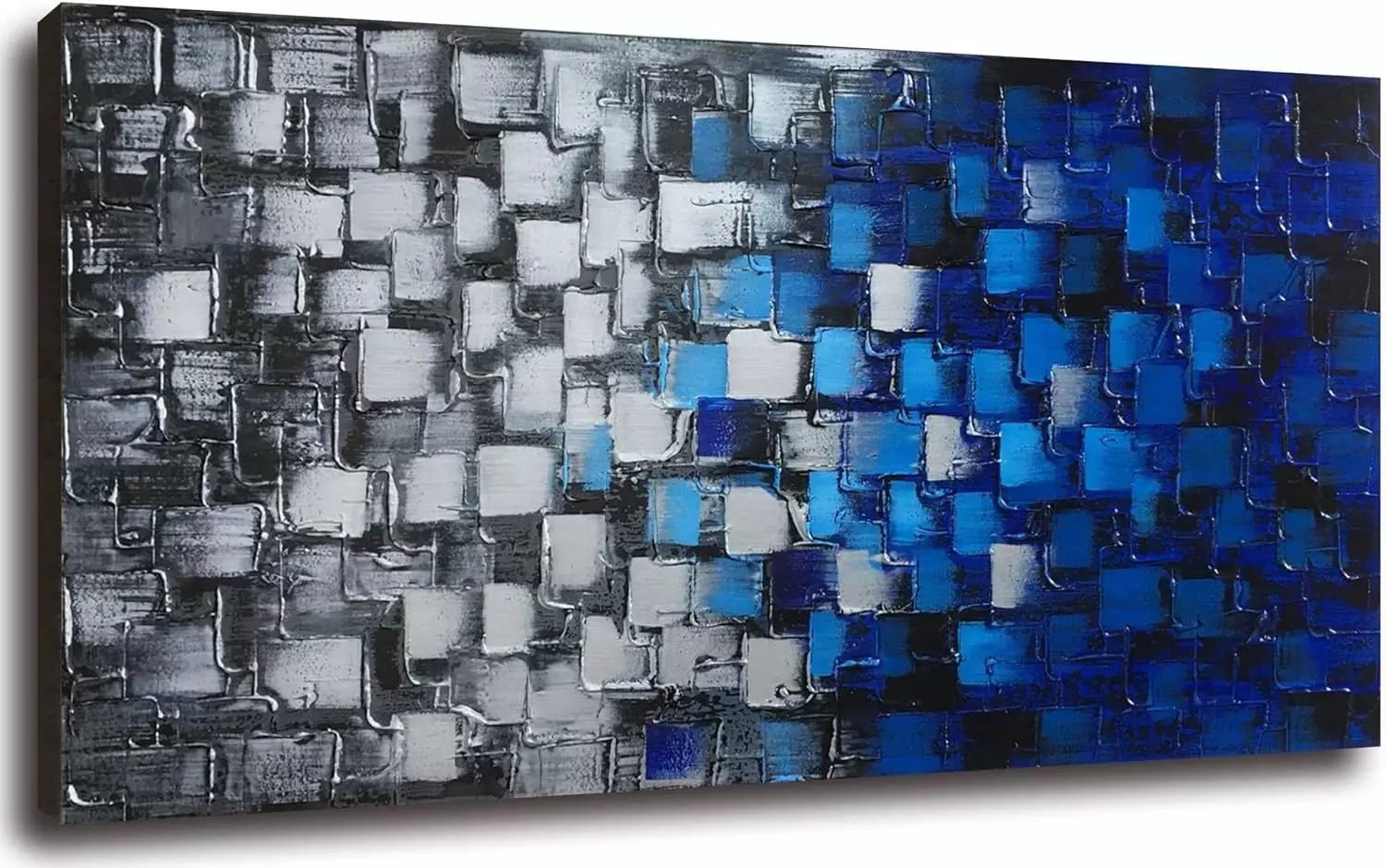 Large Textured Abstract Canvas Wall Art Hand Painted Modern Dark Blue and Silver Squares Oil Painting Picture for Home Decor and Office Decor Framed Ready to Hang 60x30inch — Wall Art