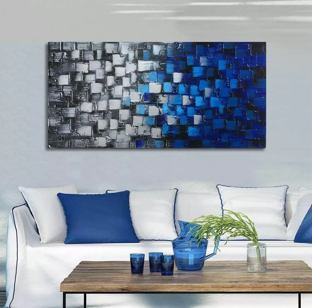 Large Textured Abstract Canvas Wall Art Hand Painted Modern Dark Blue and Silver Squares Oil Painting Picture for Home Decor and Office Decor Framed Ready to Hang 60x30inch — Wall Art