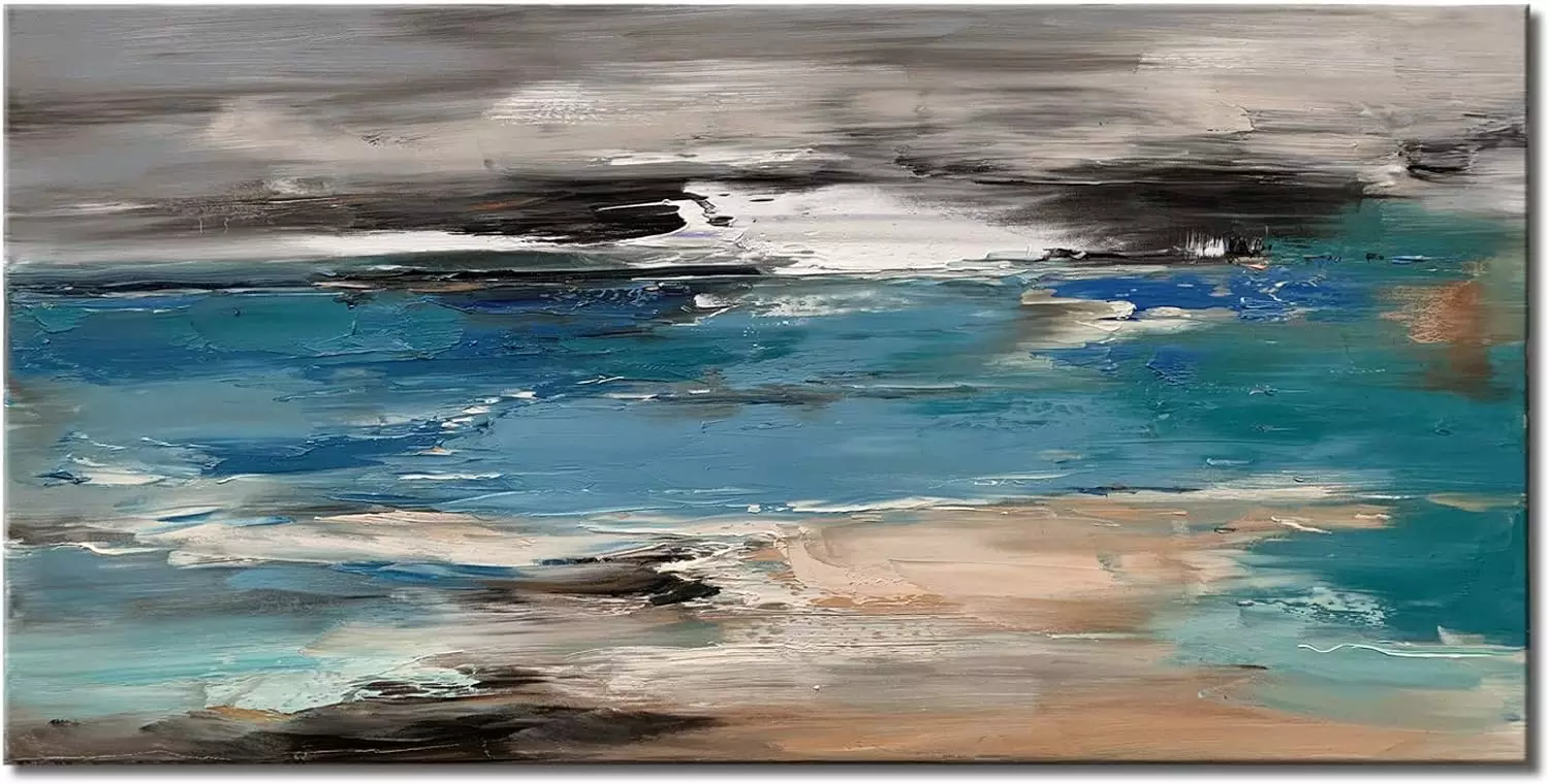 Abstract Canvas Wall Art for Living Room Handmade Large 60x30 inch Modern Seascape Oil Painting — Wall Art