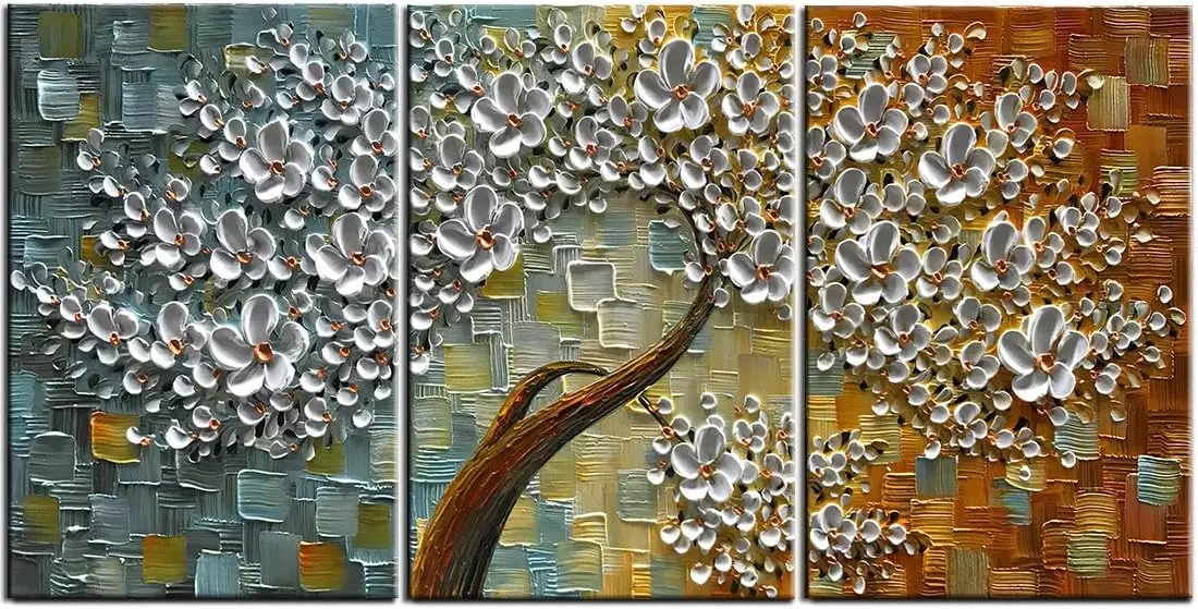 YaSheng Art - 28x20inchx3 Hand Painted 3 Panels Contemporary Art Oil painting On Canvas 3D Flower Trees Paintings Modern Home Wall Decoration Abstract Artwork Paintings Ready to Hang — Wall Art