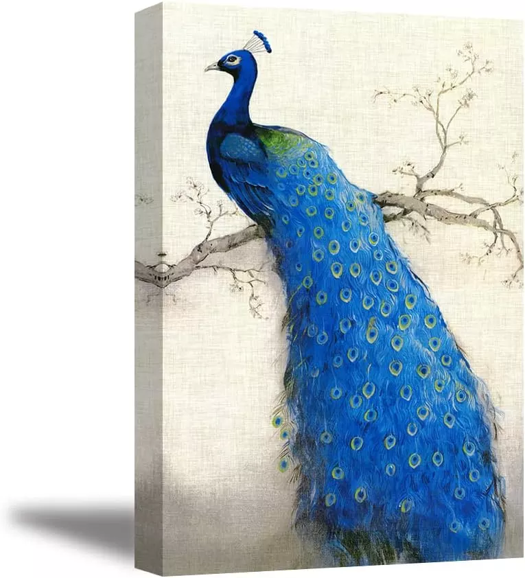 Peacock Wall Art Decor for Living Room, PIY Beautiful Oil Painting Canvas Prints of Elegant Proud Peacock on Beige Pictures (1  Thick Frame, Waterproof Artwork, Bracket Mounted Ready to Hang, Large) — Wall Art