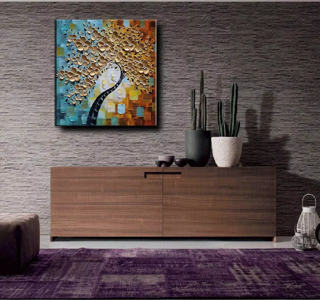 Tyed Art-3D Abstract Art Paintings, Oil Paintings On Canvas Golden Flower Tree Paintings Hand-Painted Abstract Artwork Canvas Wall Art Paintings Modern Home Decor Painting 30x30inch — Wall Art