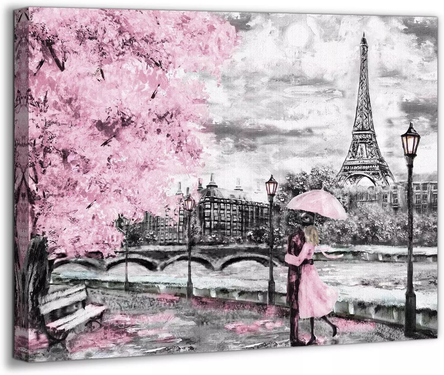 Seine River Paris Tower Theme Decorative Painting Romantic Pink Cherry Blossom Tree Oil Painting Bathroom Bedroom Living Room Decoration Romantic Theme Dining Room Wall Art Decoration 12 × 15 inches — Wall Art