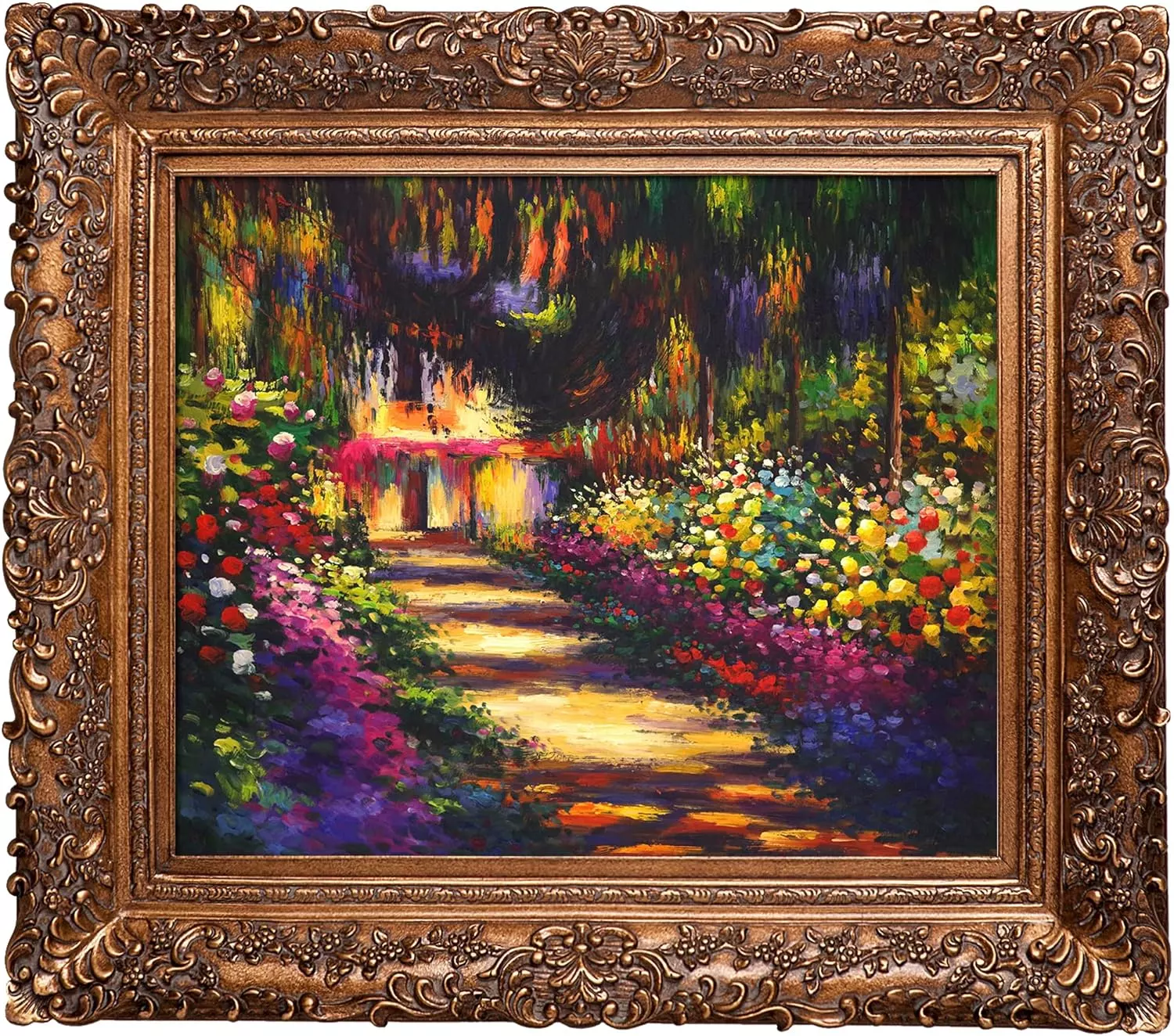 overstockArt Pathway in Monet s Garden at Giverny with Burgeon Gold Framed Oil Painting, 33.5  x 29.5 , Multi-Color — Wall Art