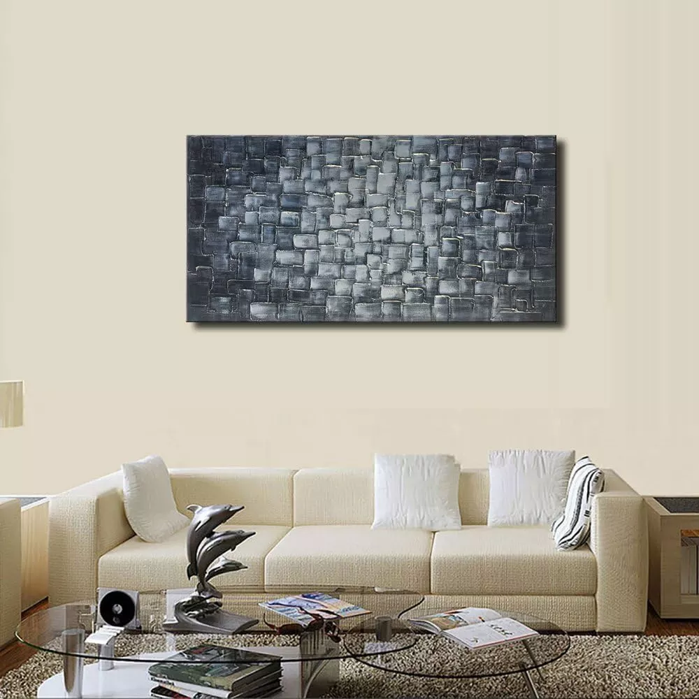 MyArton Large Abstract Silver Square Wall Art Hand Painted Modern Textured Oil Painting on Canvas Ready To Hang 60x30inch — Wall Art