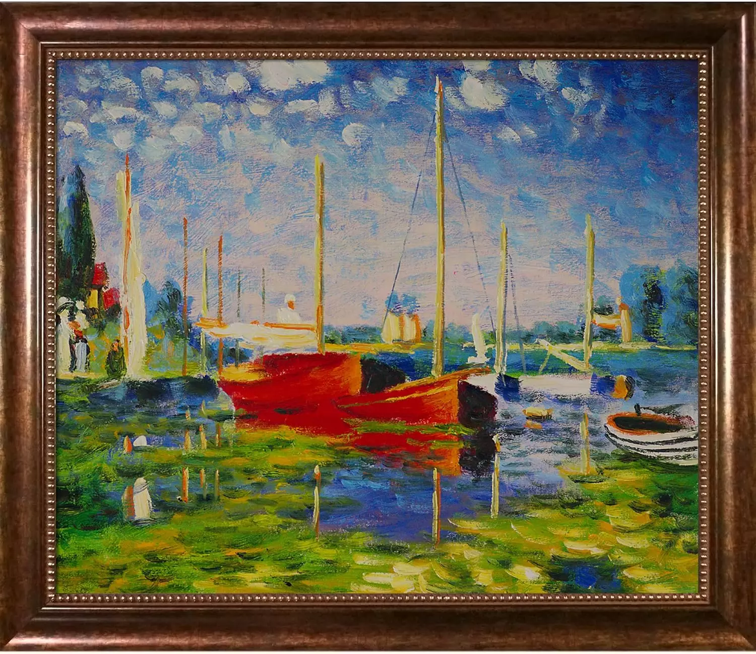 overstockArt La Pastiche Red Boats at Argenteuil by Claude Monet with Brown Verona Bead Frame Oil Painting Wall Art, 28  x 24  — Wall Art