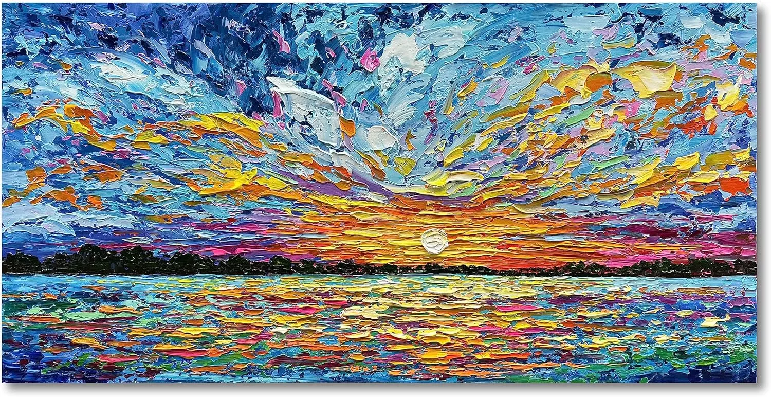 Limiyer Art Hand-painted Sea Sunrise landscape Modern Abstract Oil painting Large Canvas Art Hall Bedroom Office Wall Decoration 24x48 Inch — Wall Art