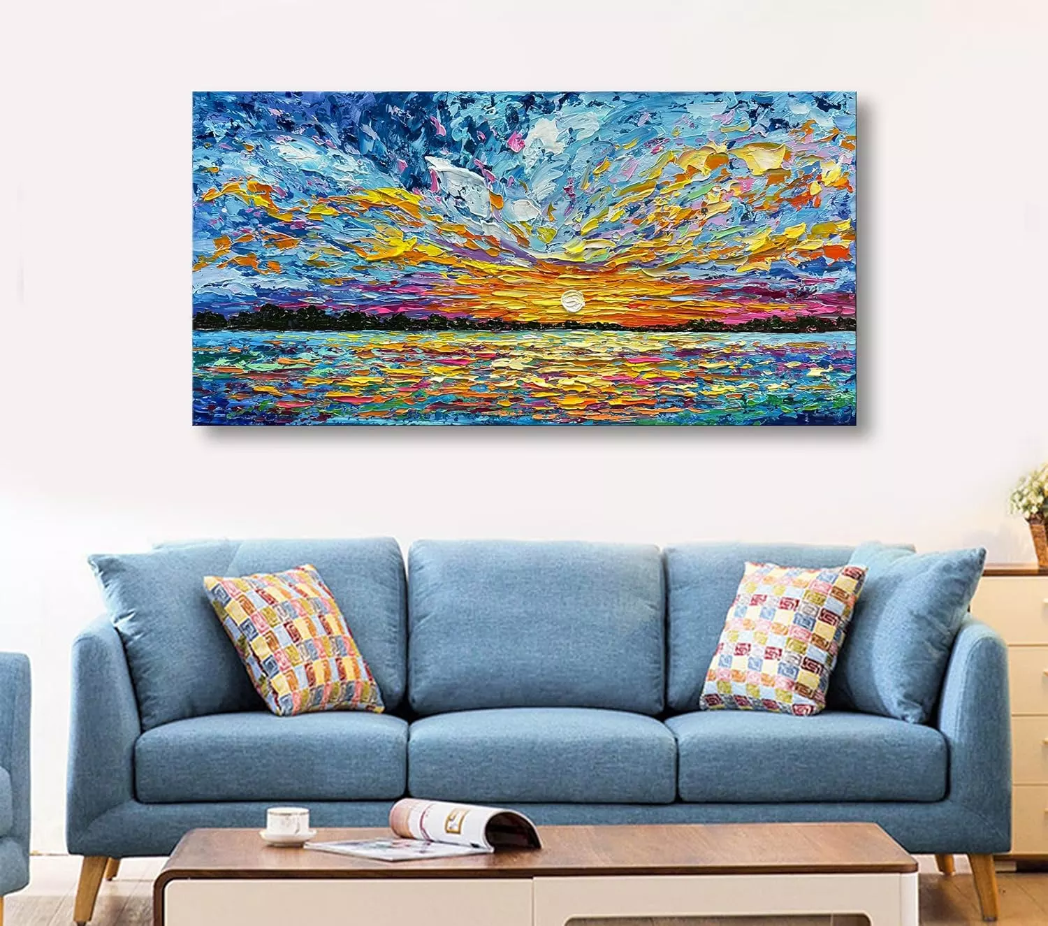 Limiyer Art Hand-painted Sea Sunrise landscape Modern Abstract Oil painting Large Canvas Art Hall Bedroom Office Wall Decoration 24x48 Inch — Wall Art