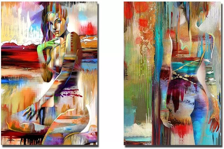 TY-pic2020  Size: 16in*24in x2 Abstract Oil Painting Woman Canvas Painting Wall Art Colorful for Core Living Room Entrance Bedroom Decoration Canvas Print No Frame  — Wall Art