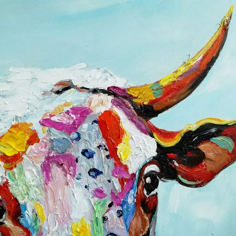 Colorful Cow Paintings Canvas Wall Art Animal Paintings Handmade Texture Oil Paintings 3D Cow Pictures American Country Style Wall Decor for Living Room Bedroom Modern Art Work Wooden Framed 24x24inch — Wall Art