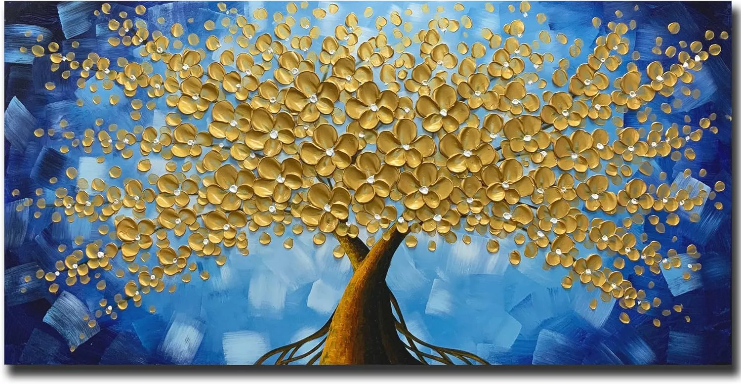 MUWU Paintings 24x48 Inch Lucky Tree Paintings 3D Abstract Paintings Golden Flower Oil Hand Painting On Canvas Wood Inside Framed Ready to Hang Wall Decoration for Living Room (Gold) — Wall Art