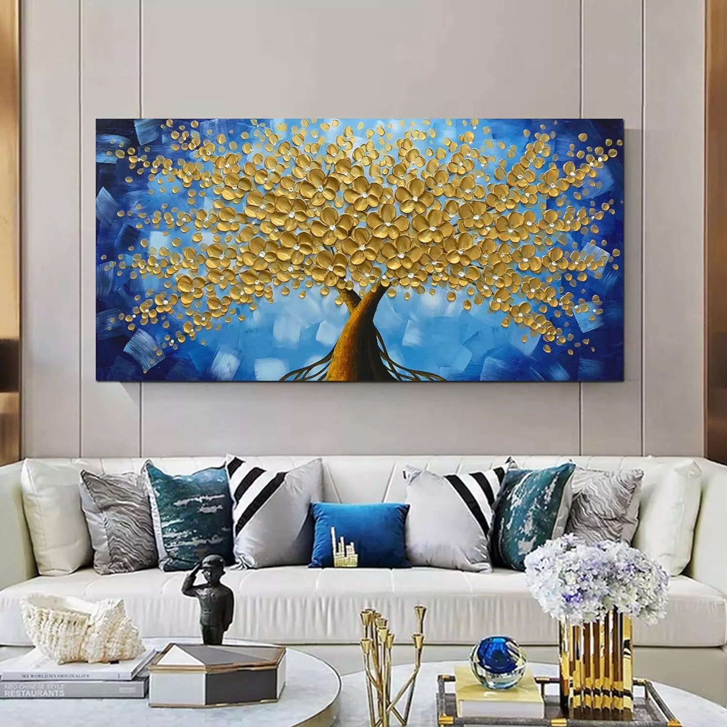 MUWU Paintings 24x48 Inch Lucky Tree Paintings 3D Abstract Paintings Golden Flower Oil Hand Painting On Canvas Wood Inside Framed Ready to Hang Wall Decoration for Living Room (Gold) — Wall Art