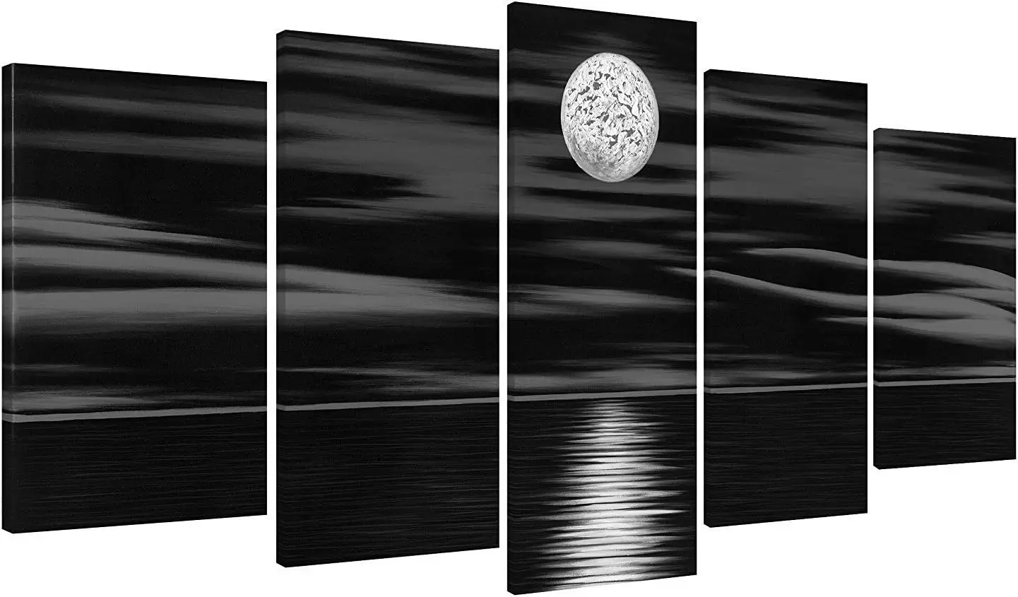 Generic Sea White Full Moon in Night 5 panels 100% Hand Painted Stretched and Framed Modern Abstract Seascape Artwork Contemporary Oil Paintings on Canvas Wall Art for Bedroom Home Decorations — Wall Art