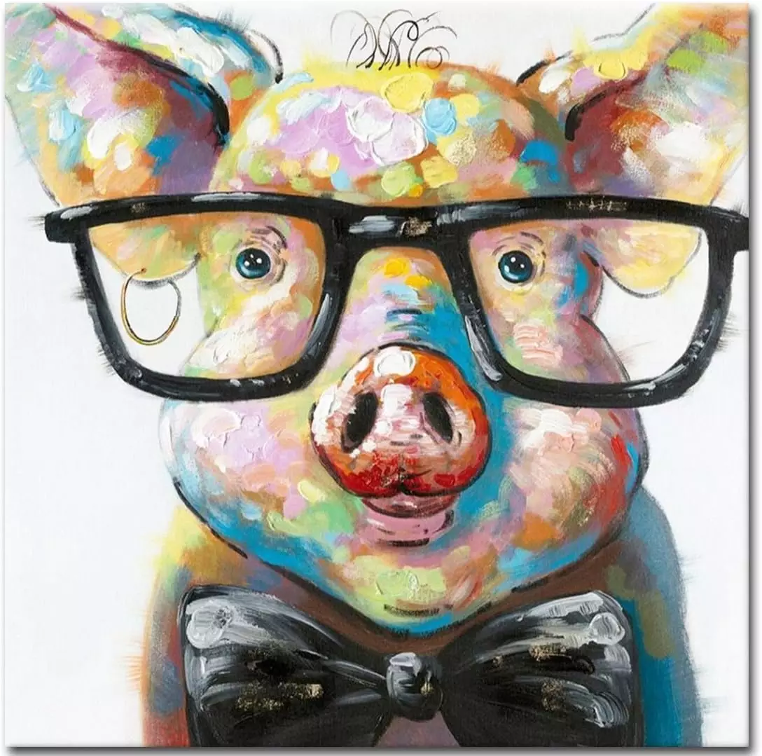 Muzagroo Art Happy Pig Oil Paintings for Living Room Huge Size Canvas Wall Art Painted by Hand Ready to Hang Wall decor(40x40in) — Wall Art