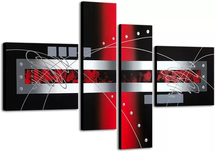 Wieco Art Red Silver Modern Stretched and Framed 100% Hand-painted Contemporary Abstract Oil Paintings on Canvas Wall Art for Home Decorations Wall decor 4pcs/set I — Wall Art