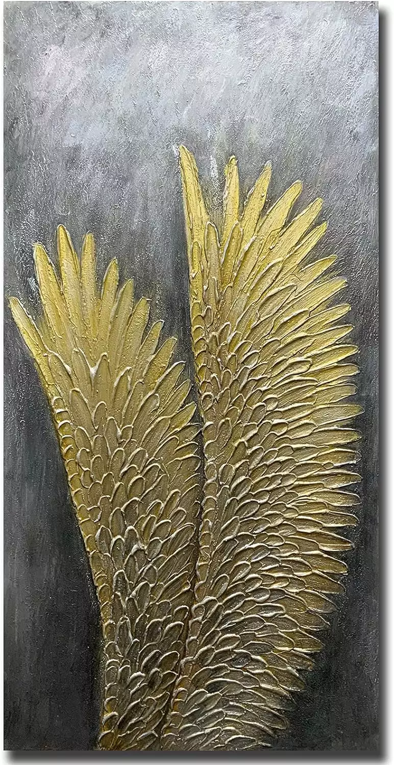 Yotree Paintings - 3D Oil Painting on Canvas Golden Wings Grey Style Abstract Wall Art Wall Decoration Wood Inside Framed Hanging Ready to Hang 24x48 Inch — Wall Art