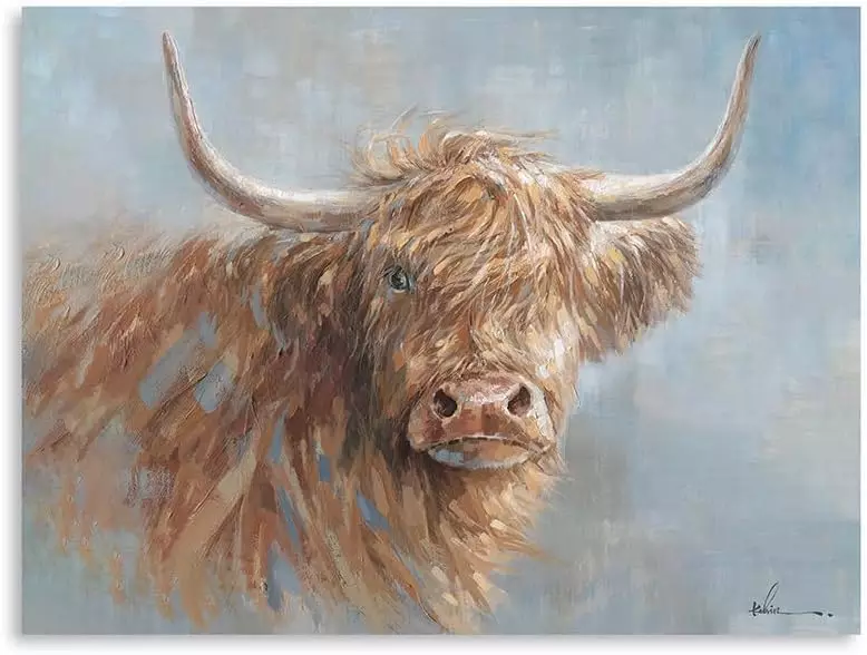 ATELIYISHU Handpaint Highland Cow Oil Painting: Animal Highland Cattle Stretched and Framed Ready to Hang for Bedroom,Office,Living room and Modern Home Decor Ready to Hang 12x16 inches  — Wall Art