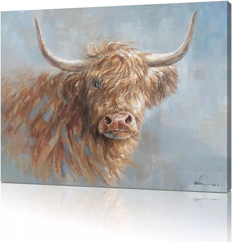 ATELIYISHU Handpaint Highland Cow Oil Painting: Animal Highland Cattle Stretched and Framed Ready to Hang for Bedroom,Office,Living room and Modern Home Decor Ready to Hang 12x16 inches  — Wall Art