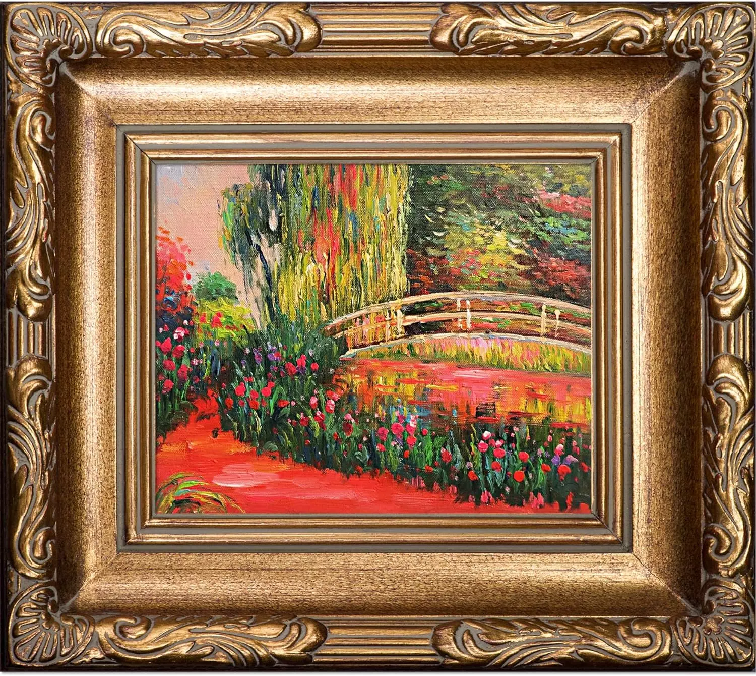 La Pastiche Japanese Bridge Lily Pond, Water Irises by Monet Hand Painted Oil with Florentine Gold Frame, 17  x 15 , Multicolor — Wall Art