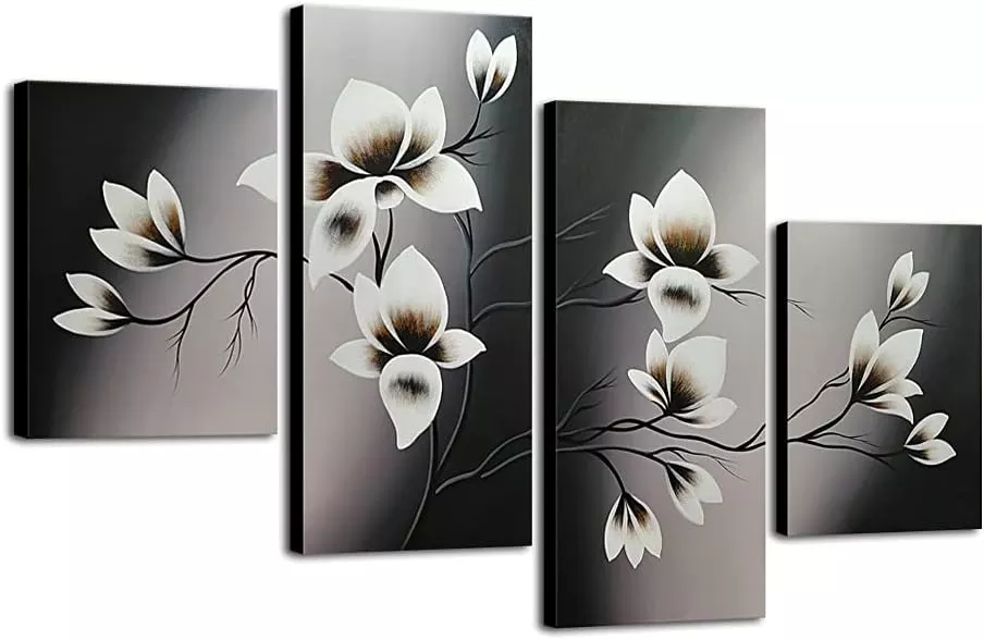 Wieco Art Elegant Blooming Flowers Oil Paintings on Canvas Wall Art Set Ready to Hang for Living Room Bedroom Home Decor 4 Panels Modern 100% Hand Painted Stretched and Framed Abstract Floral — Wall Art