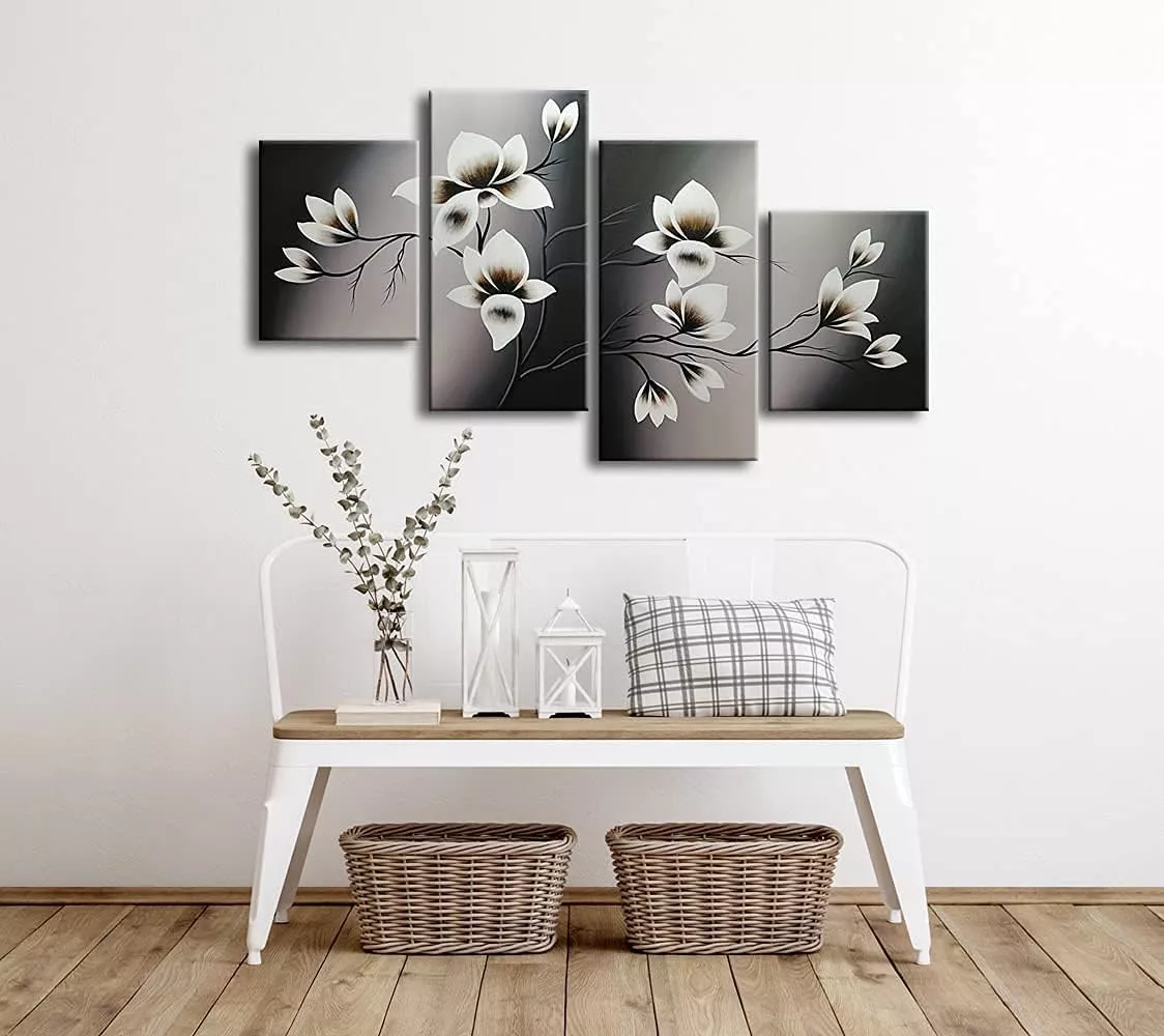 Wieco Art Elegant Blooming Flowers Oil Paintings on Canvas Wall Art Set Ready to Hang for Living Room Bedroom Home Decor 4 Panels Modern 100% Hand Painted Stretched and Framed Abstract Floral — Wall Art