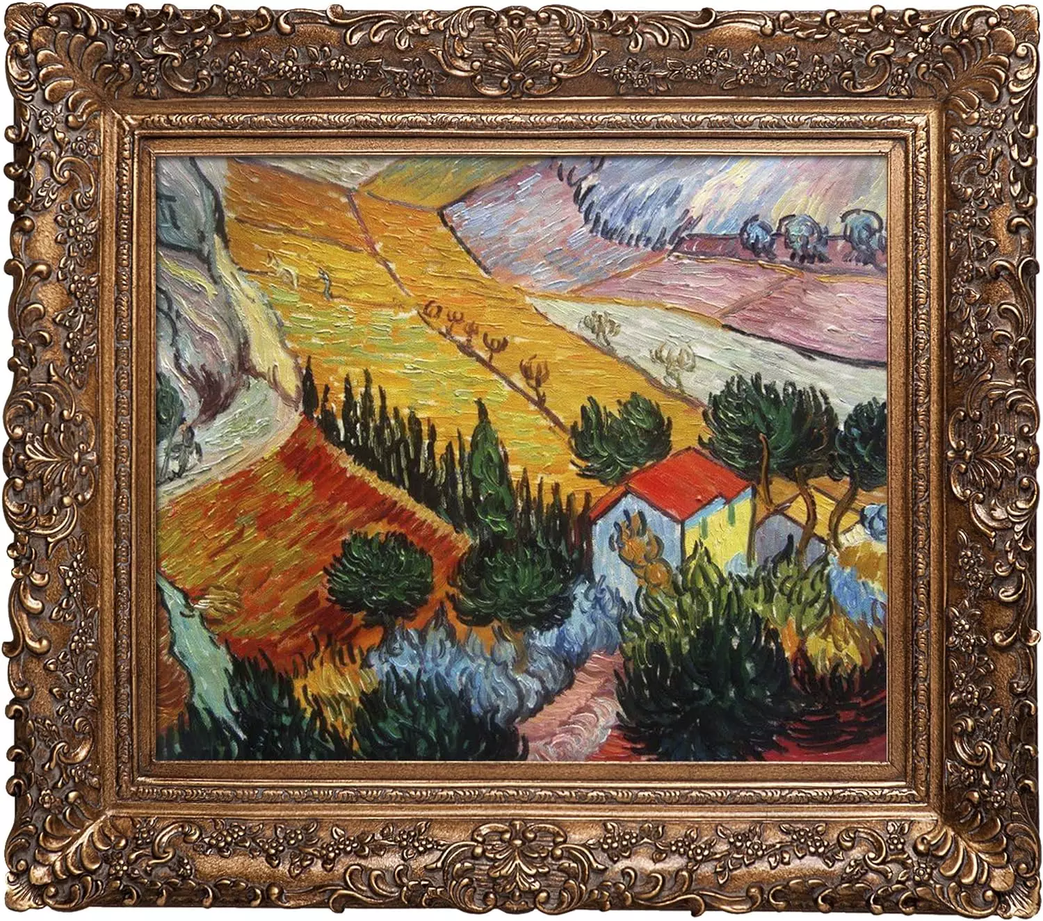 La Pastiche Landscape with House and Ploughman, 1889 by Vincent Van Gogh Hand Painted Oil on Canvas with Burgeon Gold Frame, 33.5 in x 29.5 in, Multicolor — Wall Art