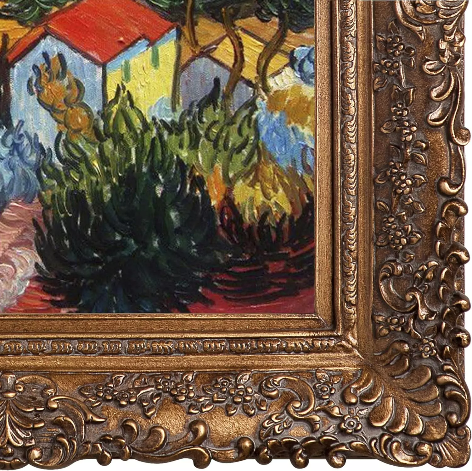 La Pastiche Landscape with House and Ploughman, 1889 by Vincent Van Gogh Hand Painted Oil on Canvas with Burgeon Gold Frame, 33.5 in x 29.5 in, Multicolor — Wall Art