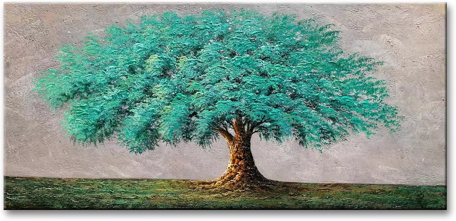 Blue and Green Tree Oil Painting On Canvas 3D Texture Abstract Art Wall Decor Turquoise Artwork Modern Landscape Picture Living Room Framed Ready to Hang — Wall Art