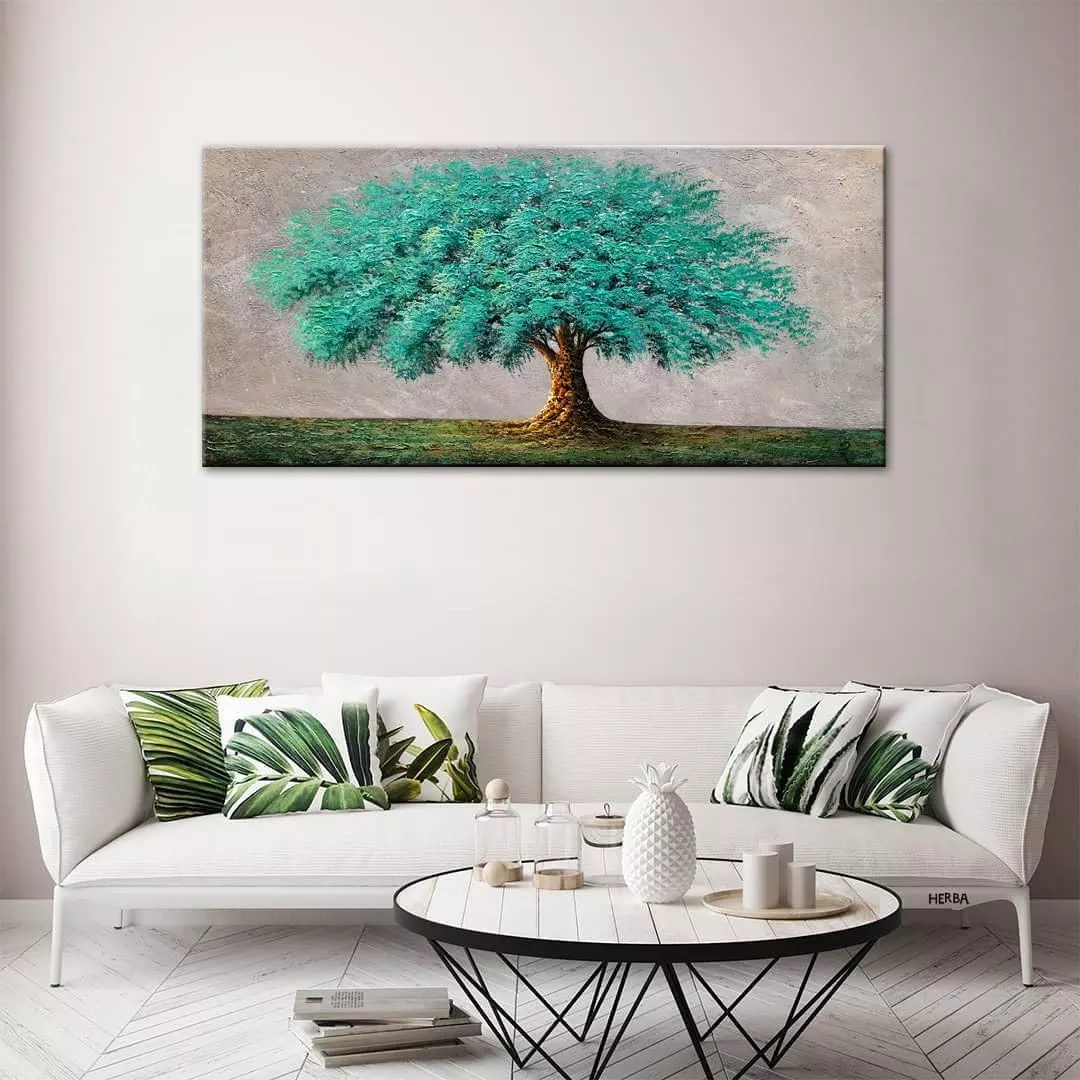 Blue and Green Tree Oil Painting On Canvas 3D Texture Abstract Art Wall Decor Turquoise Artwork Modern Landscape Picture Living Room Framed Ready to Hang — Wall Art