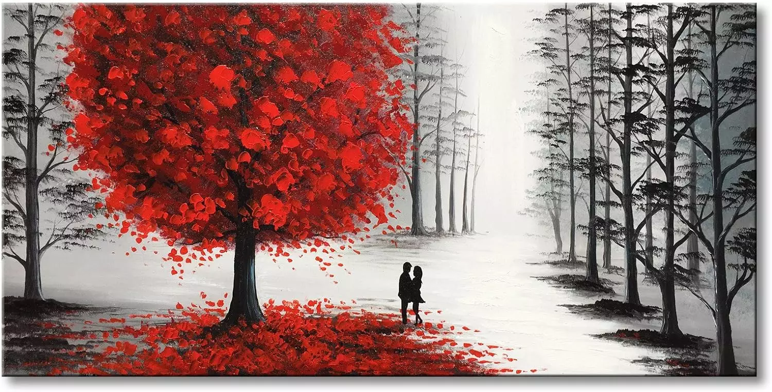 Hand Painted Oil Painting Black and White Landscape Canvas Wall Art with Red Tree for Living Room — Wall Art