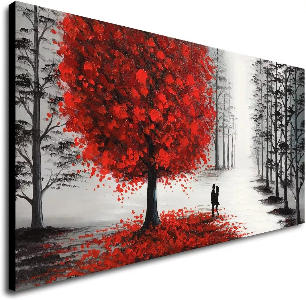 Hand Painted Oil Painting Black and White Landscape Canvas Wall Art with Red Tree for Living Room — Wall Art