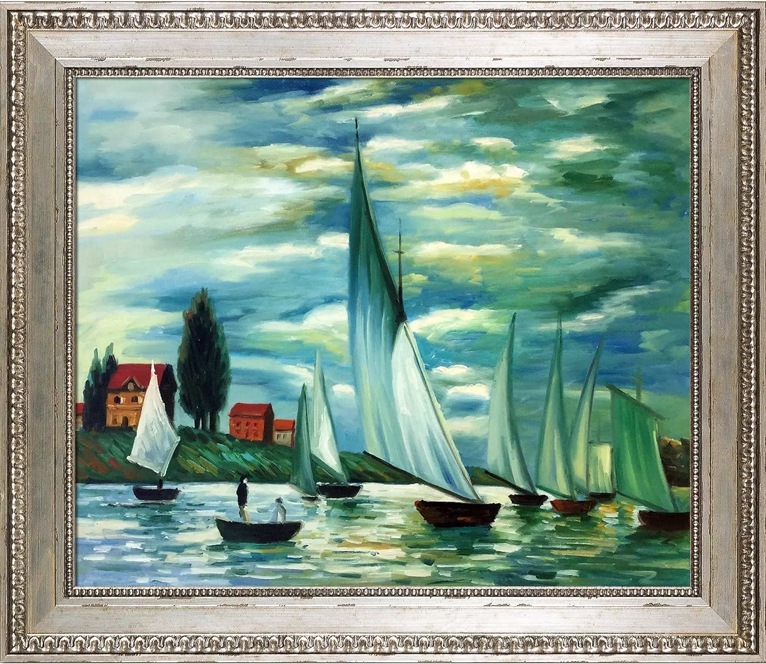 La Pastiche Regates at Argenteuil by Claude Monet Hand Painted Oil on Canvas with Versailles Silver King Frame, 30 in x 26 in, Multi-Color — Wall Art